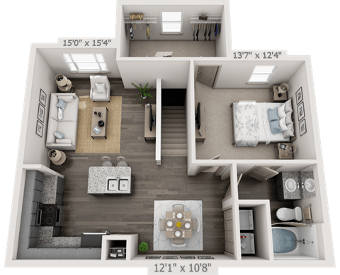Floor plan for 1 bed, 1 bath, 855 sqft